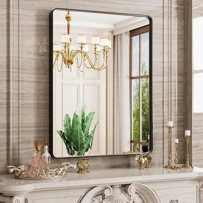 Black Bathroom Mirror, 22x30 Inch Rounded Rectangle Matte Framed Wall Mounted Mirror, Bathroom Vanity Mirror, Tempered Glass, Anti-Rust, Horizontal/Vertical