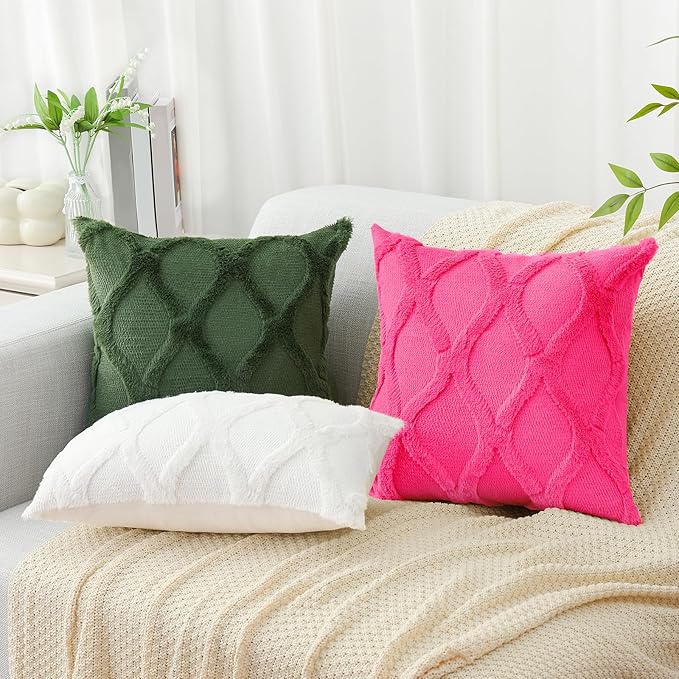 decorUhome Throw Pillow Covers 22x22 Inch Set of 2, Soft Plush Faux Fur Wool Hot Pink Couch Pillow Covers, Decorative Neutral Pillow Cases for Bed Sofa Living Room Home Decor