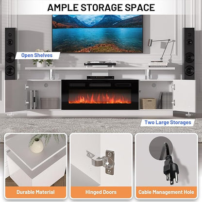 70'' Fireplace TV Stand, Entertainment Center with 36'' Firplace, 2 Tier TV Console Cabinet with Storage Cabinet, Electric Fireplace Heater with LED Light and 12 Flame Colors, White
