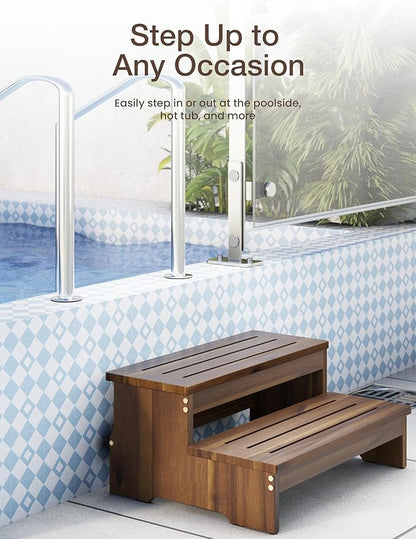 TINAMO 25" Acacia Bed Steps for High Beds for Adult 500 Lbs - 2-Step Wood Step Stool - Wooden Step Stool for Bed - Heavy Duty Hot Tub Steps & Hot Tub Stairs - Pool Ladder Above Ground (Walnut Color)
