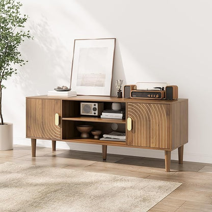 Smuxee Walnut TV Stand with Line Groove Design, 47.2" Mid Century Modern TV Media Console for TVs up to 55", TV Cabinet with Adjustable Shelf & 2 Cabinets for Living Room