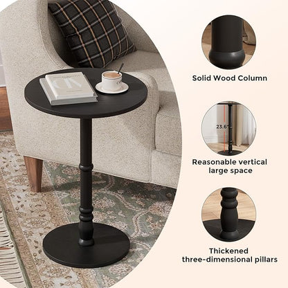Round Side Table, Solid Wood Pillar, Large 15.7" Top, Small Accent Table for Living Room, Bedroom, Sofa, Entryway & Office, Easy Assembly, Black