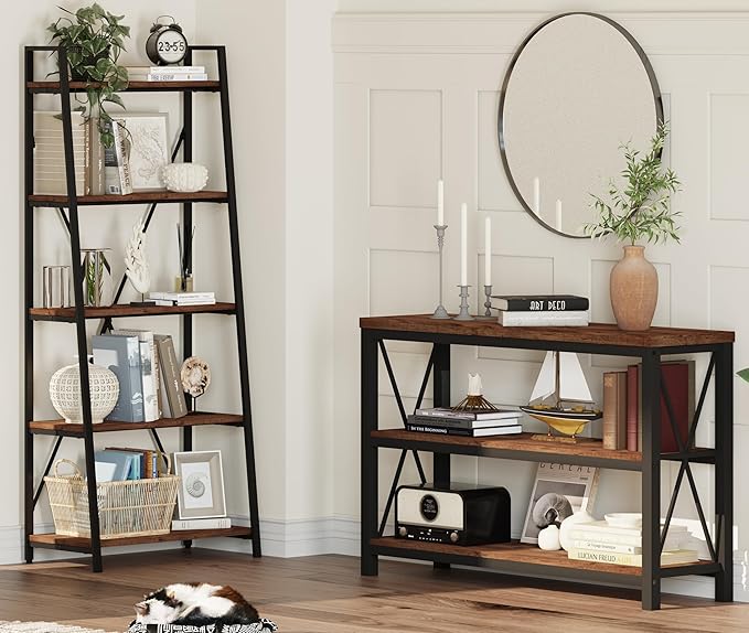 BON AUGURE Rustic Entryway Table, Farmhouse Hallway Table, Console Tables for Entryway, 3 Tier Sofa Tables for Living Room, Industrial Entry Table (47 Inch, Rustic Oak)