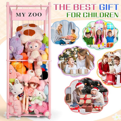 Stuffed Animal Storage Zoo, Wooden Stuffed Animal Organizer with Elastic Cords for Boys Girls, Space Saving Toy Plushies Storage Holder for Playroom, Bedroom, Living Room (Pink, Large)