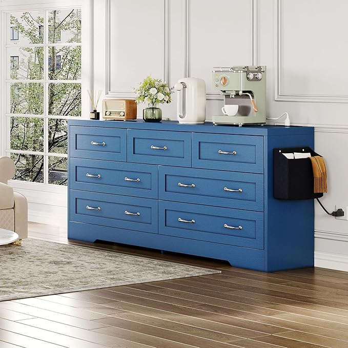 YITAHOME Drawers TV Stand for 65 inches with Power Outlets -Chest of Drawers Dresser with Side Organizer Bag Entertainment Center TV Console, Blue