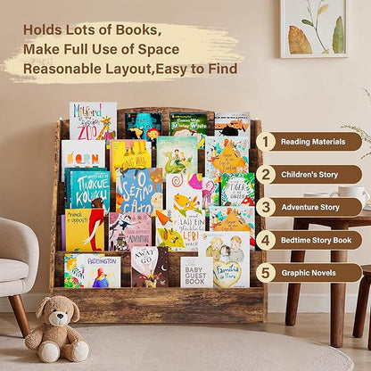TOETOL 5-Tier Kids Bookshelf - Toddler Book Display Shelves for Classrooms, Playrooms, and Nursery - Wooden Children Book Rack (Rustic Brown)