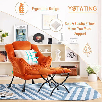Lazy Chair with Ottoman, Comfy Reading Chair with Footstool & Throw Pillow Modern Lounge Accent Chair with Armrests & Side Pocket for Living Room, Bedroom, Dorm Room, Office