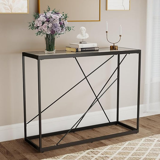 OIOG Glass Console Table for Entryway, Modern Sofa Table with Temperes Glass Tabletop and Black Frame, Black Entryway Table for Living Room, Foyer, Dining Room, Hallway, Office