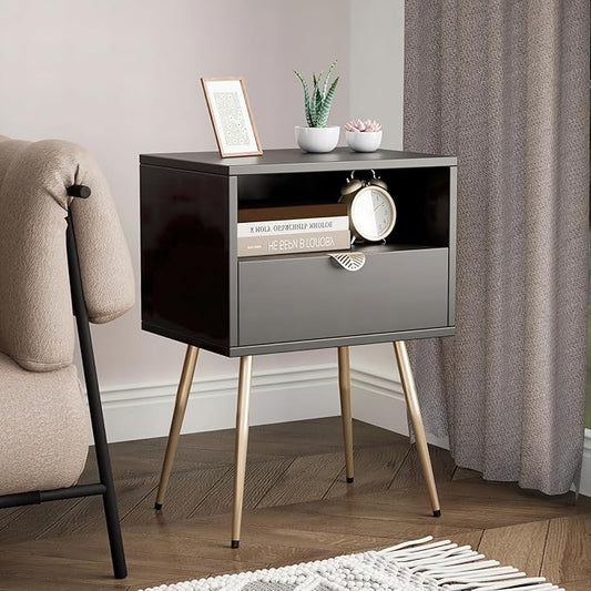 Cloud Space Mid Century Modern Nightstand, Black Nightstand with Drawer and Shelf, Versatile Wood Side End Table for Living Room, Lounge, Sturdy Construction, Easy Assembly