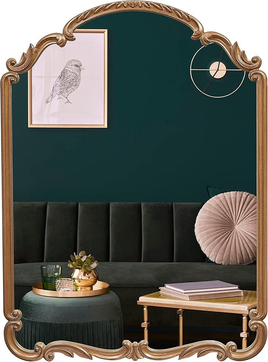 English Estate Carved Arch Wood Wall Mirror, Mirror for Entryway, Living Room, Bathroom, Antique Gold, 22x30