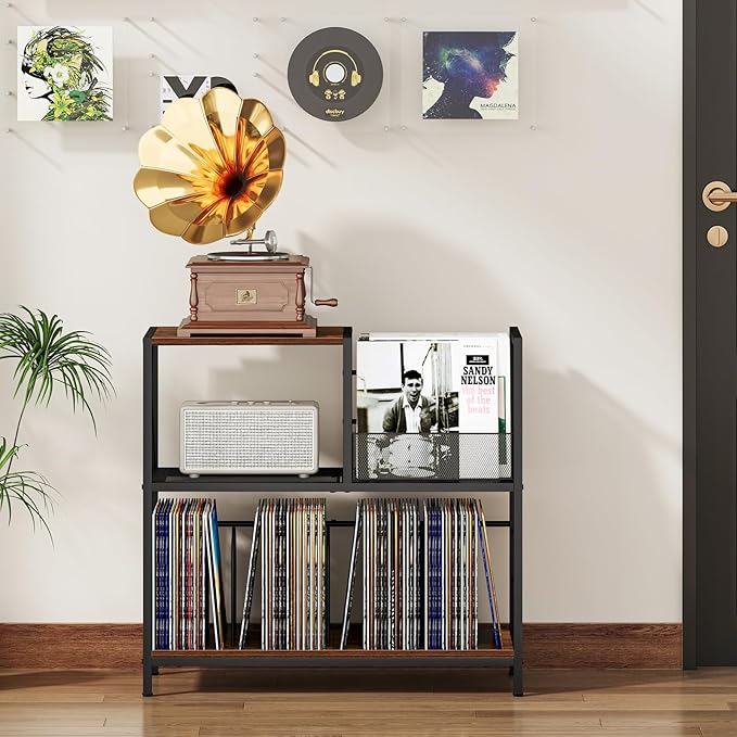 Snughome Large Vinyl Record Player Stand, Holds Up to 300 Albums, Wooden Record Display Table with 3 Adjustable Divider for Turntable Stand, Large Record Player Table Vinyl Album Storage