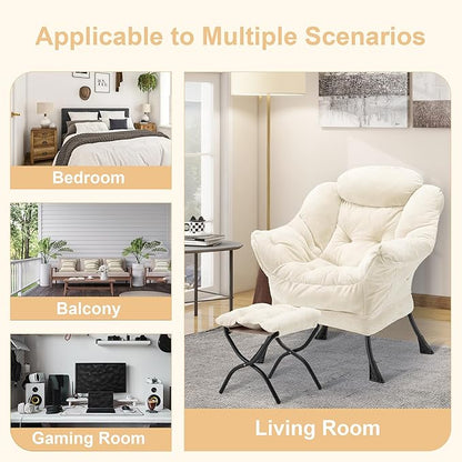Fabric Lazy Chair with Ottoman, Oversized Upholstered Sofa Chair for Adults, Plush Comfy Lounge Chair with Large Side Storage Pocket, Reading Chair for Living Room, Bedroom, Study Room, Beige