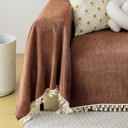 HANDONTIME Boho Style Sofa Cover with Tassels, Washable & Non-Slip Couch Cover for 3 Cushion Sofa, Herringbone Pattern Pet-Friendly Sofa Slipcover, Chocolate Color, 91"x118", Living Room Decor