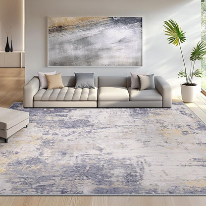 Washable Area Rugs 6'x9' Non-Slip Modern Abstract Soft for Living Room Entryway Bedroom Nursery, Print Pattern, Purple Grey Cream Yellow