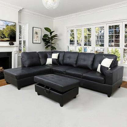 NicBex Sectional Couch 3 Pieces Sofa Set with Right Chaise Faux Leather L Shaped Cloud Couch for Living Room Furniture Sets with Storage Ottoman, Modular Sofa for Living Room & Apartment, Ink Black