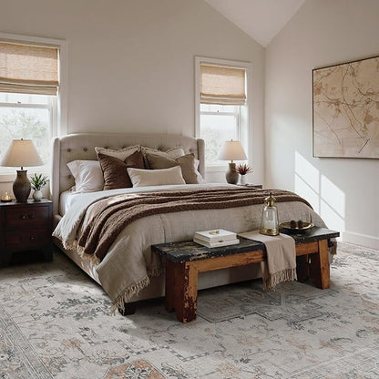 GENIMO 10x12 Area Rugs for Living Room, Non Slip Machine Washable Vintage Rugs, Low Pile Lightweight Chenille Print Large Rug for Bedroom, Dining Room, Home Office, Light Taupe Brown