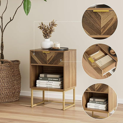 Masupu Nightstand,Modern Night Stand Boho Farmhouse Wood Bedside Table with Storage Drawer Side End Table for Bedroom,Living Room,Office,Walnut Brown