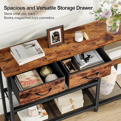 Furnulem Entryway Table 44'' Sofa Console Table with 2 Fabric Drawers, Industrial Entry Way Shoe Rack with Metal Mesh Shelf for Front Door, Hallway, Foyer Wooden Top, Sturdy Metal Frame, Rustic Brown