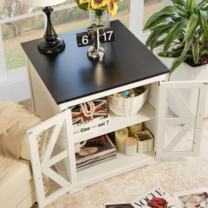Farmhouse End Table, 24" Large End Tables with Storage, Rustic Square Sofa Beside Table with Glass Barn Door, Wood Side Table Square Nightstand for Living Room, Bedroom, Office (White)