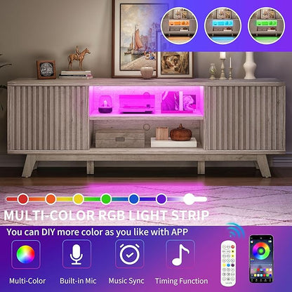 YITAHOME Television Stand for Living Room, Fluted TV Stand with LED Light for 65/55 Inch TV, Mid Century Modern Entertainment Center Media Console TV Cabinet with Adjustable Shelves, Light Oak