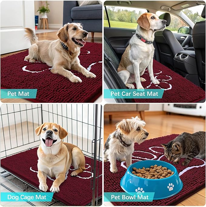 OLANLY Door Mat for Muddy Dog Paws 47x24, Ultra Absorbent Chenille Mud Doormat with Paw Print Design, Non-Slip Washable Doormat for Indoor Entryway, Quick-Dry Pet Bed Mats for Dirty Dogs, Burgundy