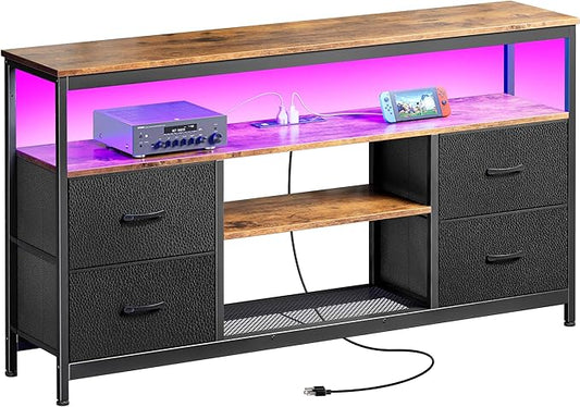 Huuger TV Stand Dresser with Power Outlets and LED Lights, 4 Drawers Entertainment Center with Shelves, 54 Inch Media Console for 55 60 Inch TV, PU Finish, Rustic Brown and Black