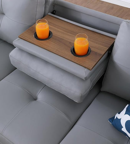 Ball & Cast 98" L Shaped Sectional Couch for Living Room,4 Seat Faux Leather Upholstered Modular Sectional Sofa Set 2 PCS with Chaise,Nailhead Trim,Cup Holders,Coffee Table and 2 Pillows for Home,Gray