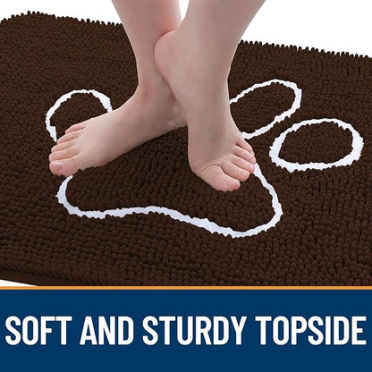 OLANLY Door Mat for Muddy Dog Paws 70x24, Ultra Absorbent Chenille Mud Doormat with Paw Print Design, Non-Slip Washable Doormat for Indoor Entryway, Quick-Dry Pet Bed Mats for Dirty Dogs, Brown