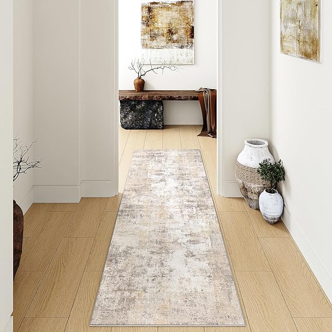 3x12 Washable Runner Rug Beige Grey Neutral Abstract Hallway Kitchen Living Room Bedroom Non Slip Throw Rug Soft Low Pile Indoor Carpet for Entrance Laundry Bathroom