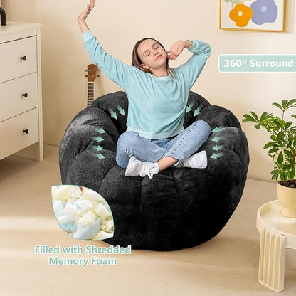 Pumpkin Bean Bag Sofa Chair, Bean Bag Chair with Filler for Teens, Kids, Toddler, Comfy and Lazy Sofa for Dorm, Apartment, Living Room and Bedroom, Black