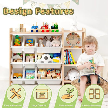 MallBest 4-Tier Kids' Toy Storage Organizer Shelf - 100% Solid Wood,Children's Storage Cabinet with 9 Plastic Bins and and 3 Storage Ports (Varnish-Single Color)