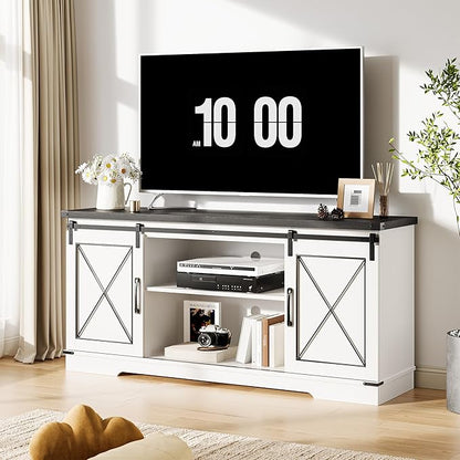 GarveeHome Farmhouse TV Stand for TV up to 65 Inches and Entertainment Center with Sliding Barn Doors and Adjustable Shelf, Tv Media Console Table with Storage Cabinet for Living Room, Bedroom, White