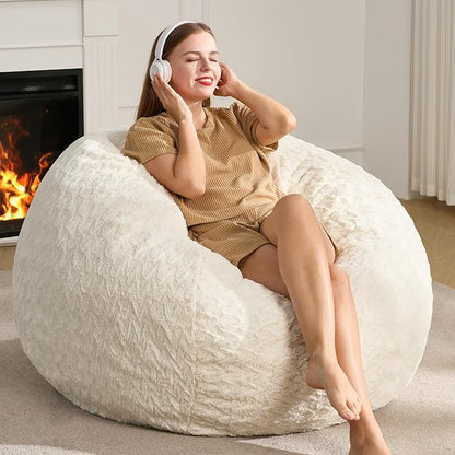 Hobestluk 4ft Bean Bag Chairs for Adults Large Beanbag Chair with Chevron Plush Fur Cover Big Bean Bag Chair for Living Room Bedroom Dorm Office - White (44” x 44” x 24”)