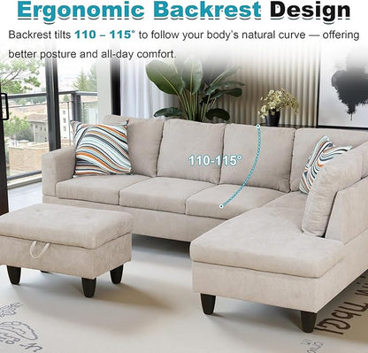 97" Oversized Sectional Couch, L Shaped Couch with Storage Ottoman, Modern Modular Sofa with Deep Seat, Sectional Couches for Living Room and Office, Off-White (Flannelette)