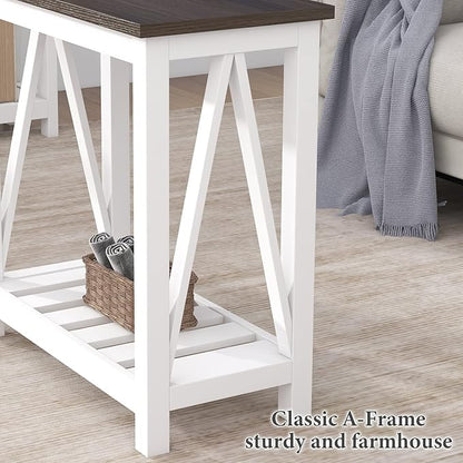 ChooChoo Farmhouse End Table, Narrow Side Table, Slim End Table with Storage Shelf for Small Spaces, Rustic Nightstand, for Living Room, Bedroom White