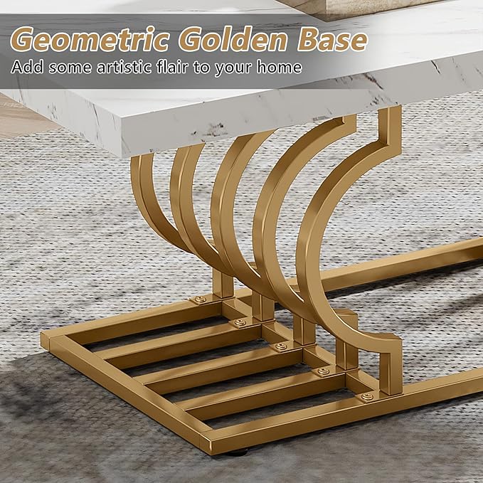 Tribesigns Modern Coffee Table, 47 Inch Faux Marble Cocktail Table with Geometric Frame, Rectangular Center Table Tea Table Accent Furniture for Living Room, Simple Assembly (White/Gold)