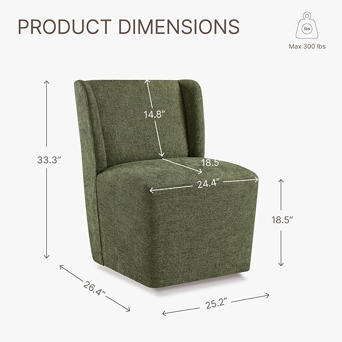 Upholstered Dining Chair with Casters Wingback Modern Side Armless Deskchair with Rollers for Diningroom Bedroom Livingroom Reading Room,Green,1 Box