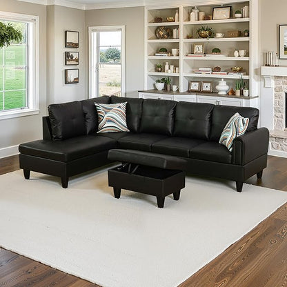 NicBex Sectional Couch 3 Pieces Sofa Set with Right Chaise Faux Leather L Shaped Cloud Couch for Living Room Furniture Sets with Storage Ottoman, Modular Sofa for Living Room & Apartment, Black