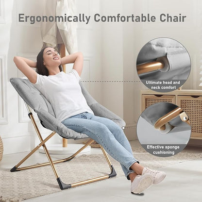 Comfy Oversized Saucer Chair, Soft Faux Fur Reading Lounge Chair for Adults, Stable X-Large Metal Frame and Non-Slip Pad, Foldable Cozy Chairs for Bedroom, Living Room, Dorm, Light Gray