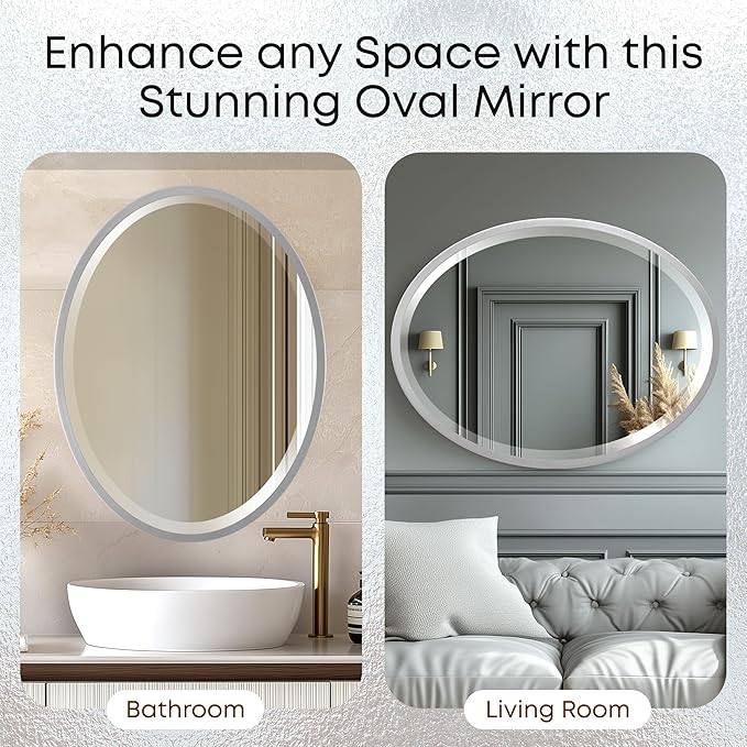 OVALCREST - Oval Wooden Beveled Wall Mirror for Home Decor, Bathroom, Vanity, Bedroom, Living Room, Hallway - London Style (Silver Spray) 17.1 x 21.1