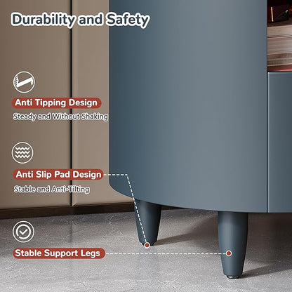 Merax Round Nightstand with Storage Drawer, MDF Contemporary Modern Bedside Table with Open Storage Shelf, Curved Design Sofa End Table for Bedroom & Living Room, Easy Assembly, Blue
