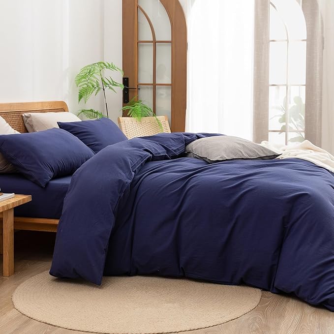BESTOUCH Duvet Cover Set 100% Washed Cotton Linen Feel Super Soft Comfortable Chic Lightweight 3 PCs Home Bedding Set Solid Navy Blue King