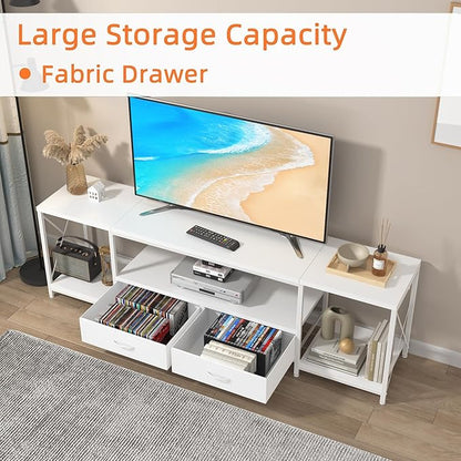 TV Stand with Fabric Drawers for 55 60 65 Inches TV - Entertainment Center and Industrial TV Console Table with Open Storage Shelves for Living Room, Bedroom - 55.1" White