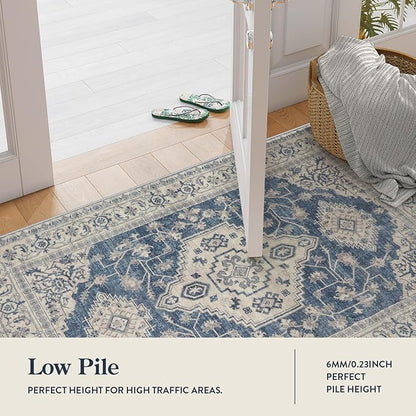 Lahome Oriental Area Rug, 3x5 Washable Rugs for Living Room Non Slip Entry Mat, Vintage Soft Pet Friendly Throw Carpet for Entryway Bedroom Dinning Room, Blue