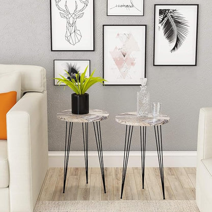 PAK HOME Set of 2 End Tables Round Wood Sofa Side Coffee Tables for Small Spaces, Nightstand Bedside Table with Metal Legs for Bedroom, Living Room, Office, Balcony (Grey Marble)