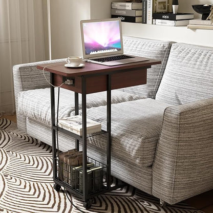 LIDYUK C Shaped End Table with Charging Station, Flip Top Side Table with USB Ports and Outlets, C Table Sofa Table with Storage Shelf for Living Room, Bedroom, Dark Cherry