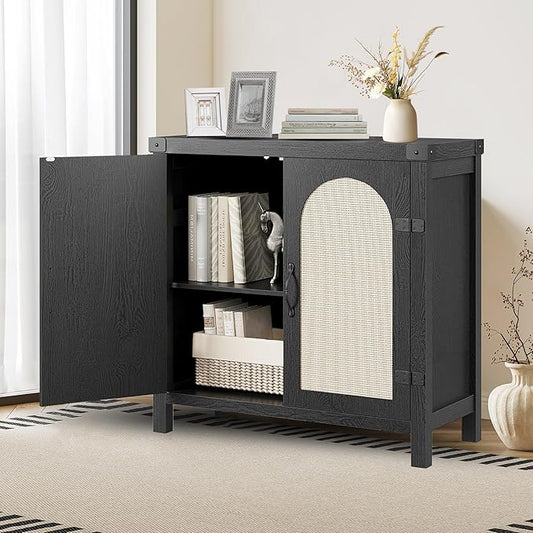 IDEALHOUSE Rattan Buffet Cabinet with Storage, Sideboard with Synthetic Rattan-Accent Doors, Adjustable Shelves, Storage Cabinet for Living Room Dining Room Hallway, Black