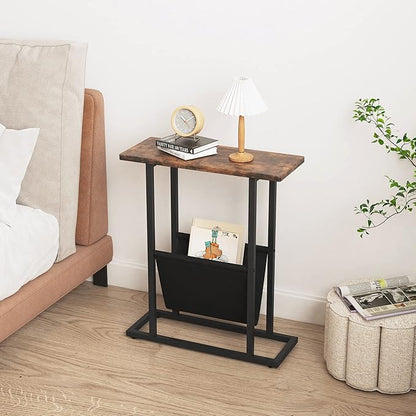Yusong Small Narrow Side Table for Small Spaces, 17.7" W Slim End Table Magazine Table Nightstand with Storage Holder, Accent Skinny Snack Couch Bedside Table, Rustic Brown, Complete Iron Pipes