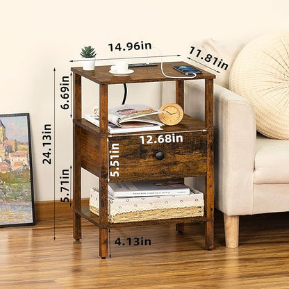 Lerliuo Nightstand with Charging Station and USB Ports, 3-Tier Storage End Table with Drawer Shelf, Night Stand for Small Spaces, Wood Bedside Table for Living Room, Bedroom - Retro Brown…