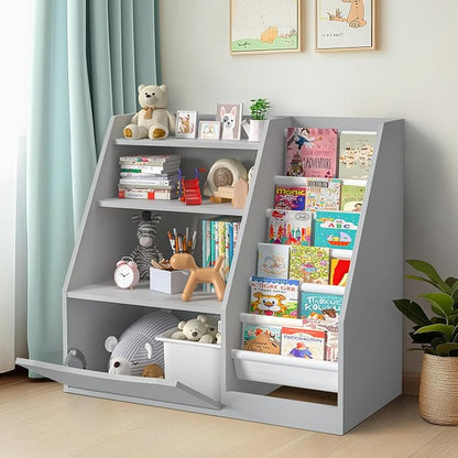 TOETOL Kids Bookshelf & Book Storage,3 Tier Wooden Toddler Bookshelf for Children,Nursery Book Shelves with 6 Sling,Organizer & Book Shelf for Kids Rooms,Bedroom,Playroom Gary